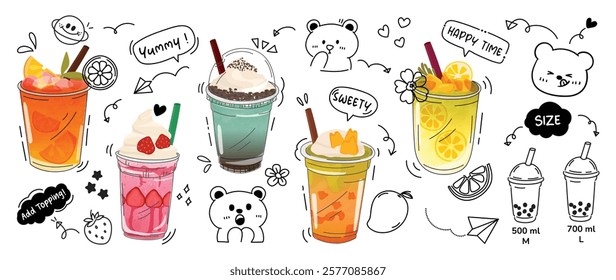 Smoothie and juice beverage with cute doodle decoration. Punch, lemon, orange juice, chocolat mint in glasses. Vector illustration blended coffee for logo, promotion, marketing, banner, ads.