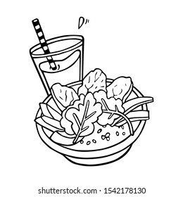 smoothie or juice or cocktail and healthy bowl handdrawn in cartoony style, black artwork isolated on white background, in vector