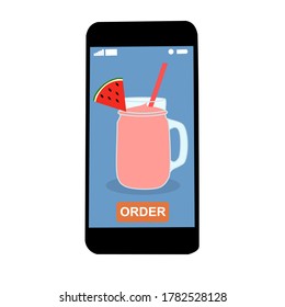 The smoothie juice in the glass cup with fruit (watermelon)​ on top. They are in online purchase with mobile app. A cold soft drink for summer. Healthy and organic beverage. Contact less​ concept