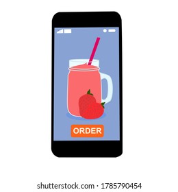 The smoothie juice in the glass cup with fruit (strawberry)​ beside. They are in online purchase with mobile app. A cold soft drink for summer. Healthy and organic beverage. Contactless​ concept