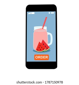 The smoothie juice in the glass cup with fruit (watermelon)​ beside. They are in online purchase with mobile app. A cold soft drink for summer. Healthy and organic beverage. Contactless​ concept