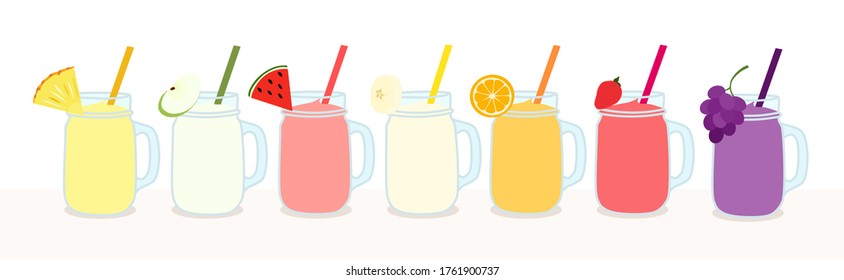 The smoothie juice in a glass cups with fruit (apple, watermelon, banana, orange , strawberry, pineapple, grape) on top. A cold soft drink for summer. Healthy beverage. product advertisement.