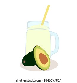 The smoothie juice in the glass cupswith fruit (avocado) on floor. A cold soft drink for summer. Healthy and organic beverage. product advertisement. take away for cafe or restaurant concept.