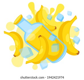 Smoothie or juice made of banana, tropical beverage poured in glass bottle. Exotic products sold in shops and cafes. Healthy eating and detoxing, refreshing dessert or food. Vector in flat style