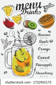 Smoothie. Juice Menu, Hand Drawn Illustration. 