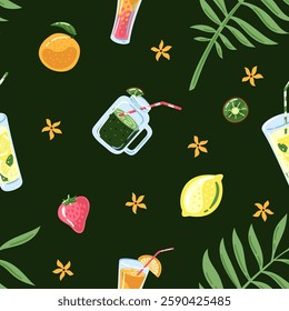 Smoothie and juice pattern. Vector seamless pattern with lemonade and smoothie. 