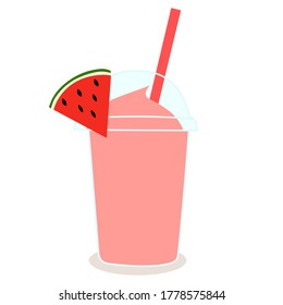 The smoothie juice in the plastic cup with fruit on top (watermelon) on floor. A cold soft drink for summer. Healthy and organic beverage. product advertisement. take home for cafe  concept.