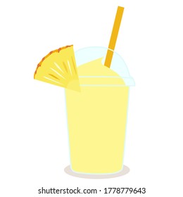The smoothie juice in the plastic cup with fruit on top (pineapple) on floor. A cold soft drink for summer. Healthy and organic beverage. product advertisement. take home for cafe  concept.