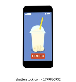The smoothie juice in the plastic cup with fruit (banana)​ on floor. They are in online purchase with mobile app. A cold soft drink for summer. Healthy and organic beverage. Contactless​ concept