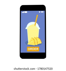 The smoothie juice in the plastic cup with fruit (pineapple)​ on floor. They are in online purchase with mobile app. A cold soft drink for summer. Healthy and organic beverage. Contactless​ concept