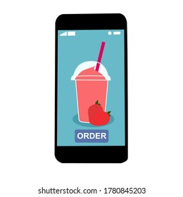 The smoothie juice in the plastic cup with fruit (strawberry)​ on floor. They are in online purchase with mobile app. A cold soft drink for summer. Healthy and organic beverage. Contactless​ concept