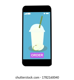 The smoothie juice in the plastic cup with fruit (apple)​ on floor. They are in online purchase with mobile app. A cold soft drink for summer. Healthy and organic beverage. Contactless​ concept