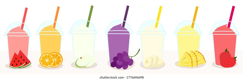 The smoothie juice in the plastic cups with fruit (apple, watermelon, banana, orange , strawberry, pineapple, grape) on floor. A cold soft drink for summer. Healthy beverage. product advertisement.