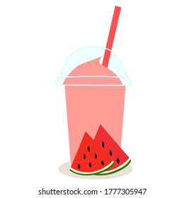 The smoothie juice in the plastic cups with fruit (watermelon) on floor. A cold soft drink for summer. Healthy and organic beverage. product advertisement. take away for cafe or restaurant concept.