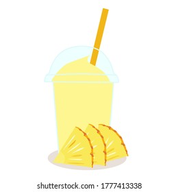 The smoothie juice in the plastic cups with fruit (pineapple) on floor. A cold soft drink for summer. Healthy and organic beverage. product advertisement. take home for cafe or restaurant concept.