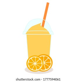 The smoothie juice in the plastic cups with fruit (orange) on floor. A cold soft drink for summer. Healthy and organic beverage. product advertisement. take home for cafe or restaurant concept.