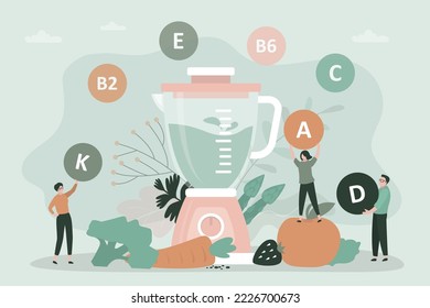 Smoothie juice with refreshing raw slices as delicious drink tiny people concept. Healthy and dieting drink, glass with summer food ingredients. Multivitamin vegetable nutrition cocktail. Flat vector