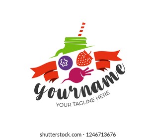 Smoothie, juices, jar mason, strawberries, blueberries and beets with ribbons, logo design. Food natural and organic, energy drink and beverage, vector design and illustration