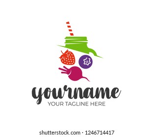 Smoothie, juices, jar mason, strawberries, blueberries and beets, logo design. Food natural and organic, energy drink and beverage, vector design and illustration