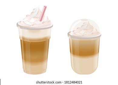 Smoothie Latte, cool coffee with cream, white cream topping and cinnamon sprinkles in clear plastic glasses. Vector isolated on white background