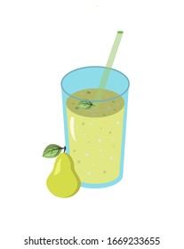 Smoothie made from pear juice in a glass glass with fresh pears and straws. Fresh natural healthy fruit and berry drink. Vector flat illustration.