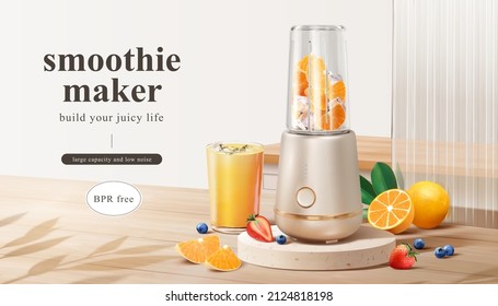 Smoothie maker ad template. Household appliance mock-up full of fresh sliced fruits and ice on wooden kitchen countertop. 3d illustration.