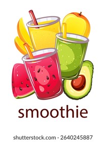 Smoothie with mango, avocado, watermelon. Background with summer, refreshing drinks. Vector illustration.