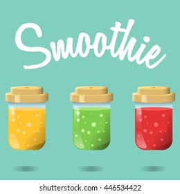 Smoothie with mango, strawberry and kiwi on blue background