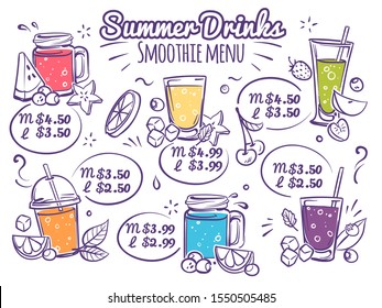 Smoothie menu. Fruit drinks, colorful organic cocktail juices with berries. Detox diet and healthy lemonade beverages with lettering for cafe menu vector brochure design