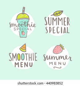 Smoothie menu, summer special. Badges set. 4 different signs for cafe design. Vector