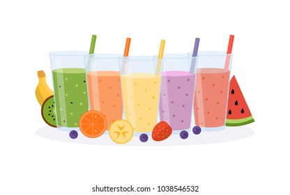 Smoothie or milkshake in glasses with straw isolated on white background. Concept for cocktail bar. Vector illustration in flat design.