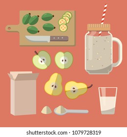 Smoothie or milkshake in jar. Organic food fruit cocktail, apple, pear, feijoa, glass of milk, oat bran. Vector elements in flat design.