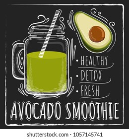 Smoothie or milkshake in jars with avocado ingredient on black chalk board background. Can use for cocktail menu bar. Vector illustration EPS 10