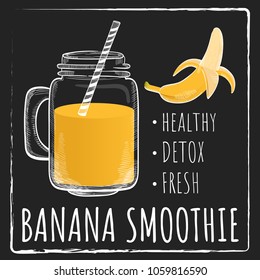 Smoothie or milkshake in jars with banana ingredient on black chalk board background. Can use for cocktail menu bar. Vector illustration EPS 10