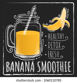 Smoothie or milkshake in jars with banana ingredient on black chalk board background. Can use for cocktail menu bar. Vector illustration EPS 10
