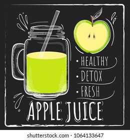 Smoothie or milkshake in jars with green apple ingredient on black chalk board background. Can use for cocktail menu bar. Vector illustration EPS 10