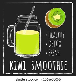 Smoothie or milkshake in jars with kiwi fruit ingredient on black chalk board background. Can use for cocktail menu bar. Vector illustration EPS 10.
