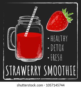 Smoothie or milkshake in jars with red Strawberry ingredient on black chalk board background. Can use for cocktail menu bar. Vector illustration EPS 10