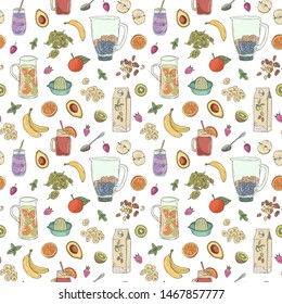 Smoothie natural fruit shake. Superfood health detox diet. Sketch style vector background. Hand drawn summer fruit drink