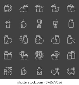 Smoothie outline icons - vector set of vegetarian drinks signs. Fresh and healthy juice or smoothie symbols on dark background