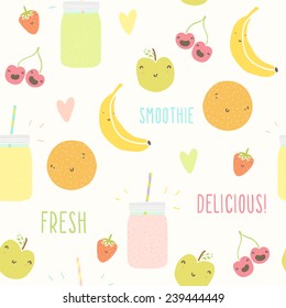 Smoothie pattern with funny fruits. Vector hand drawn illustration