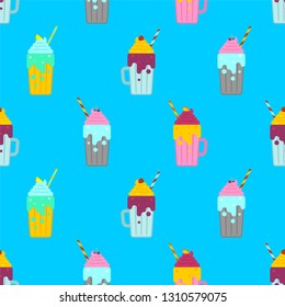 Smoothie pattern seamless with cream. Milkshake with straw. Thick fruit drink background