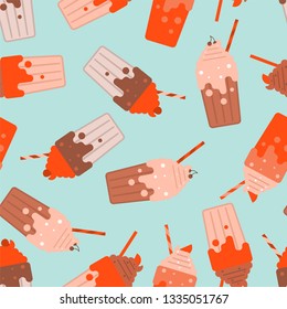 Smoothie pattern seamless with cream. Milkshake with straw. Thick fruit drink background