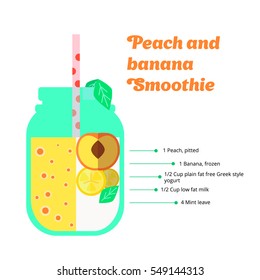 Smoothie peach and banana receipt. With illustration of ingredients and vitamin. flat illustration