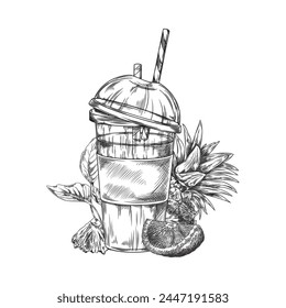 Smoothie with pineapple and orange slice engraved hand drawn vector illustration. Natural fruit shake immunity cocktail with straws black sketch. Tropical citrus smoothie in jar with mint leaves