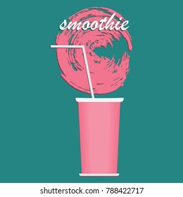 Smoothie - pink glass and splash brush stroke - isolated on green background - vector art illustration.