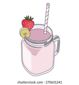 Smoothie pink vector hand drawn jar with straw