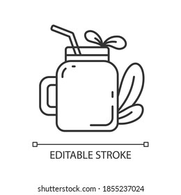Smoothie pixel perfect linear icon. Tasty organic fruity drinks ideas. Vegan meals variety. Thin line customizable illustration. Contour symbol. Vector isolated outline drawing. Editable stroke