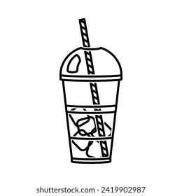 Smoothie in a plastic cup with ice line drawing vector