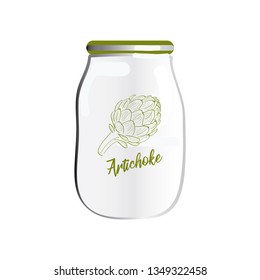 Smoothie product design, vector illustration. Glass jar with artichoke drawing. For organic foods and drinks, smoothies